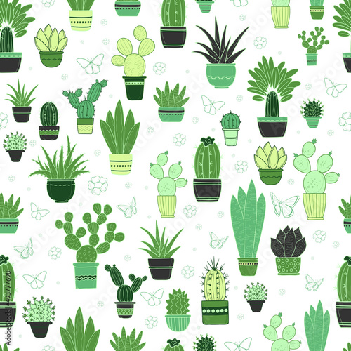 Vector semless pattern with green types of cacti and aloe home plants in decorative pots with ornament. Flat doodle design of succulent. Without background.