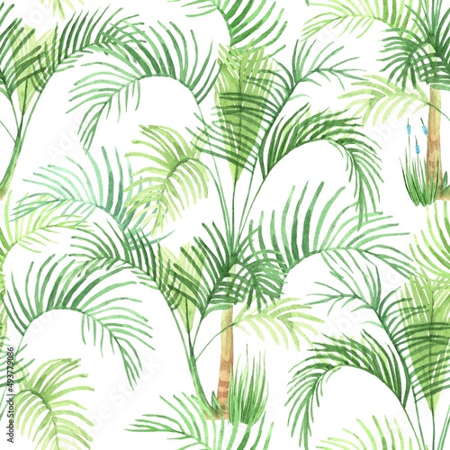 Seamless pattern with watercolor palm on a white background. Tropic motif.
