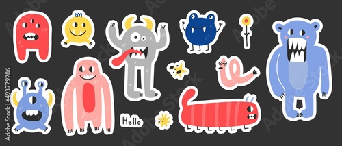 Cute monster sticker. Funny creatures, little mutant or alien, spooky fantasy characters with text, childish decor collection, kids stationery, vector cartoon flat style isolated illustration
