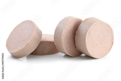Portion of Liverwurst isolated on white background close-up. Liver sausage isolated on white background photo
