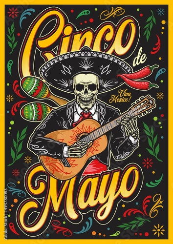 Cinco de Mayo colorful poster with skeleton