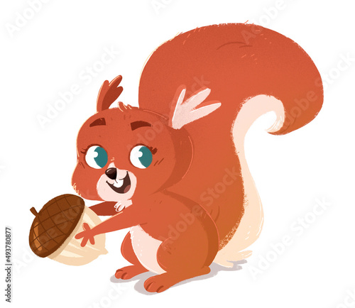 illustration of funny red squirrel with acorn