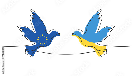 Ukraine connect with European Union. Unification concept. Bird line icon. Ukrainian flag colors dove. Vector illustration isolated on white background