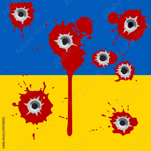 Set of bullet holes with blood on yellow blue background. Ukrainian flag. Bloody stains and splatters. Vector illustration. photo