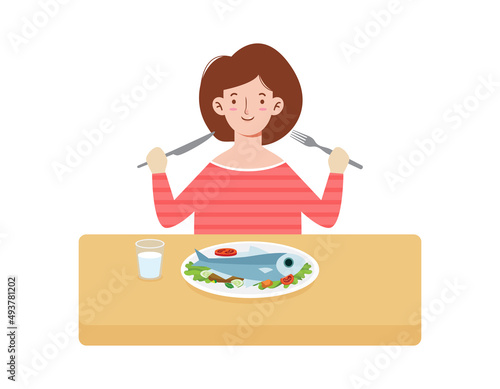 Happy young woman eating healthy foods for lunch. meal of morning and dinner, People healthy lifestyle concept. flat style cartoon character design Vector illustration Isolated on white background