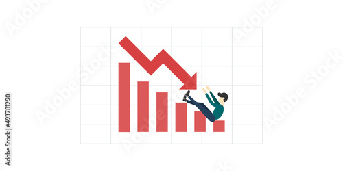 Economic critical crisis concept. The businessman falling red graph drops down and charts. Recession financial, cryptocurrency, gold, and the stock market. Losing money and cash.