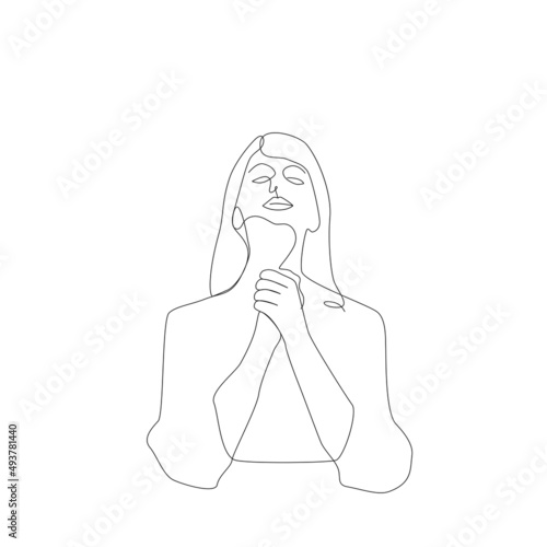 Line Art Girl praying, woman folded her hands in prayer silhouette one line drawing