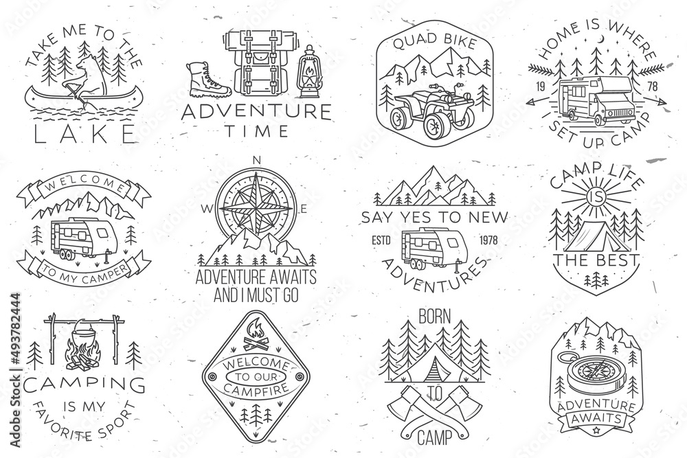 Set of camping badges, patches. Vector illustration. Concept for shirt or logo, print, stamp or tee. Vintage line art design with bear in canoe, lake and forest.
