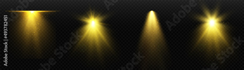 Light sources, concert lighting, stage spotlights. Floodlight beam, illuminated spotlights for web design and projection studio lights beam concert club show scene illumination.	
