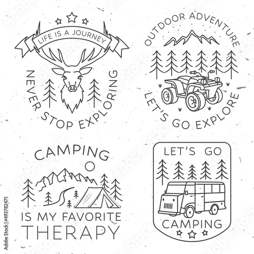 Set of camping badges, patches. Vector. Concept for shirt or logo, print, stamp or tee. Vintage line art design with elk, forest, quad bike, landscape.