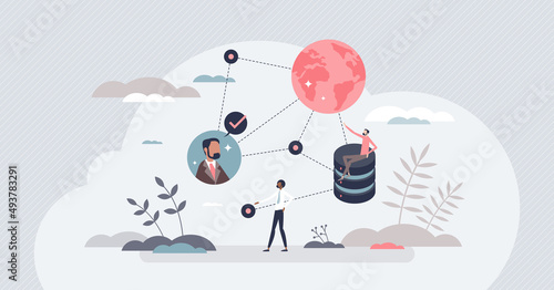 Big data complexity or large information systems database tiny person concept. Global network with file warehouse and logical large info management or structure vector illustration. Server hosting.