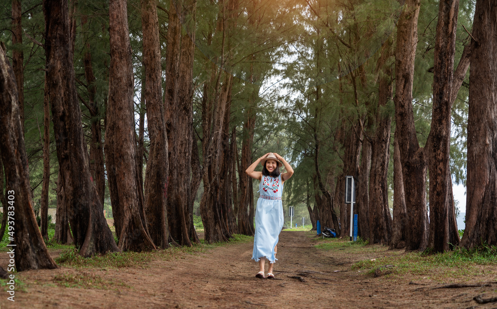 Asian tourist girl wearing a blue dress wearing a hat ,walking in pine forest feel happy at the sea .Summer vacation travel concept. Asian tourist girl wearing a blue dress wearing a hat ,walking in pine forest feel happy at the sea .Summer vacation travel concept.