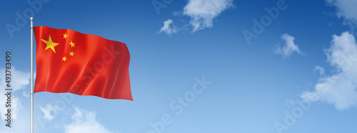 Photography Chinese flag isolated on a blue sky. Horizontal banner