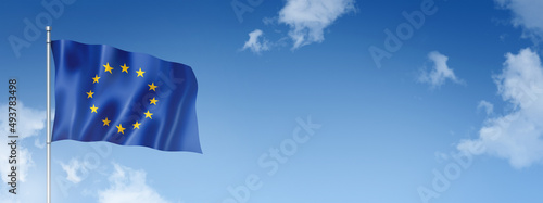 European union flag isolated on a blue sky. Horizontal banner photo