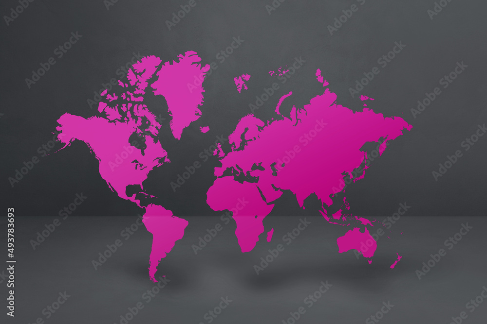 Purple world map on black concrete wall background. 3D illustration