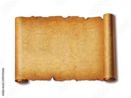 Old mediaeval paper sheet. Horizontal parchment scroll isolated on white with shadow