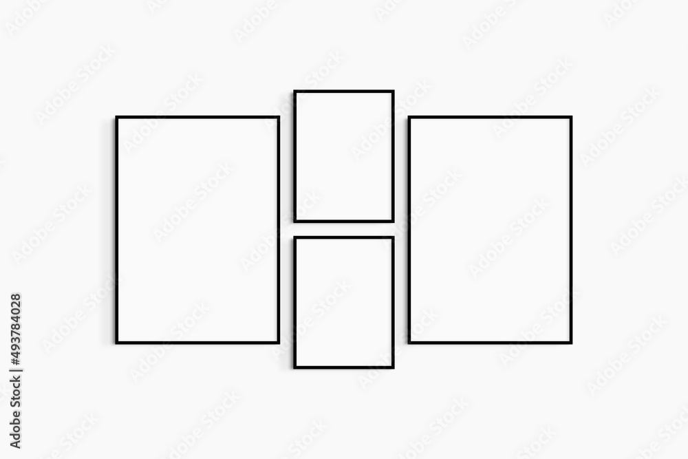 Gallery wall mockup. Set of 4 black frames. Gallery wall frame mockup. Two 50x70 (5:7) and two 30x40 (3:4) black frames. Gallery wall mockup. Set of 4 black frames. Gallery wall frame mockup. Two 50x70 (5:7) and two 30x40 (3:4) black frames.