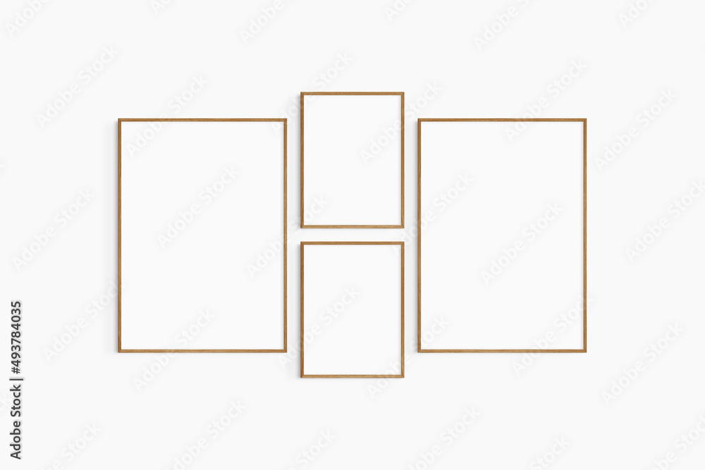 Gallery wall mockup. Set of 4 cherry wood frames. Gallery wall frame mockup. Two 50x70 (5:7) and two 30x40 (3:4) wooden frames. Gallery wall mockup. Set of 4 cherry wood frames. Gallery wall frame mockup. Two 50x70 (5:7) and two 30x40 (3:4) wooden frames.