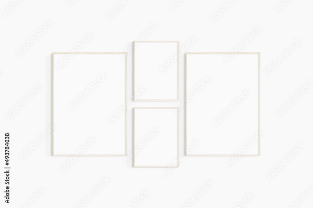 Gallery wall mockup. Set of 4 light wood frames. Gallery wall frame mockup. Two 50x70 (5:7) and two 30x40 (3:4) wooden frames. Gallery wall mockup. Set of 4 light wood frames. Gallery wall frame mockup. Two 50x70 (5:7) and two 30x40 (3:4) wooden frames.