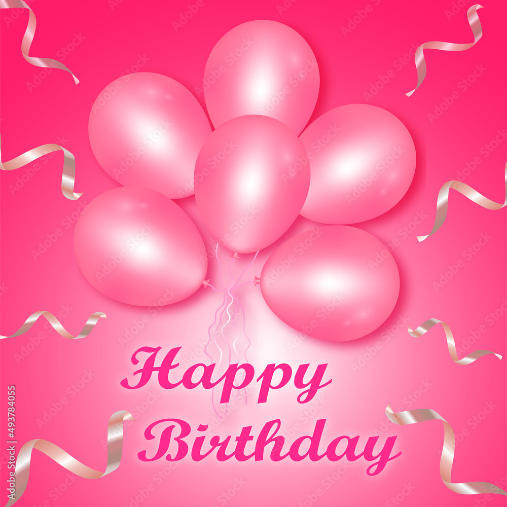 pink balloons on a colorful birthday greeting card