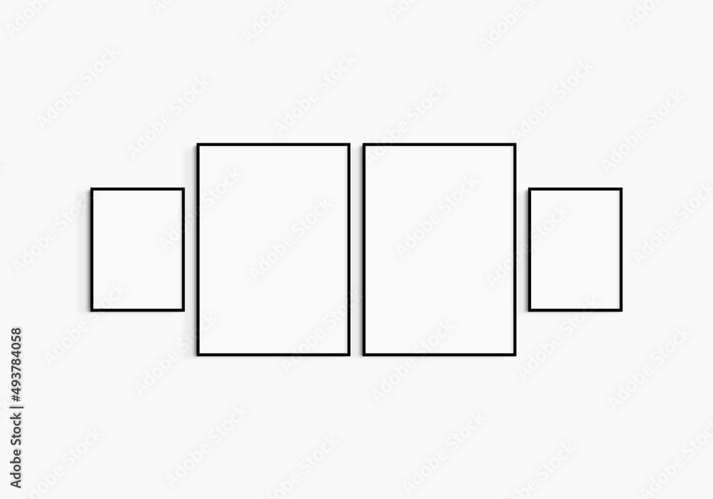 Gallery wall mockup. Set of 4 black frames. Gallery wall frame mockup. Two 50x70 (5:7) and two 30x40 (3:4) black frames. Gallery wall mockup. Set of 4 black frames. Gallery wall frame mockup. Two 50x70 (5:7) and two 30x40 (3:4) black frames.