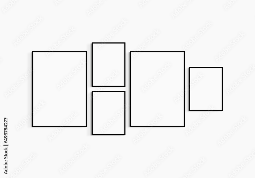 Gallery wall mockup. Set of 5 black frames. Gallery wall frame mockup. Two 50x70 (5:7) and three 30x40 (3:4) black frames. Gallery wall mockup. Set of 5 black frames. Gallery wall frame mockup. Two 50x70 (5:7) and three 30x40 (3:4) black frames.