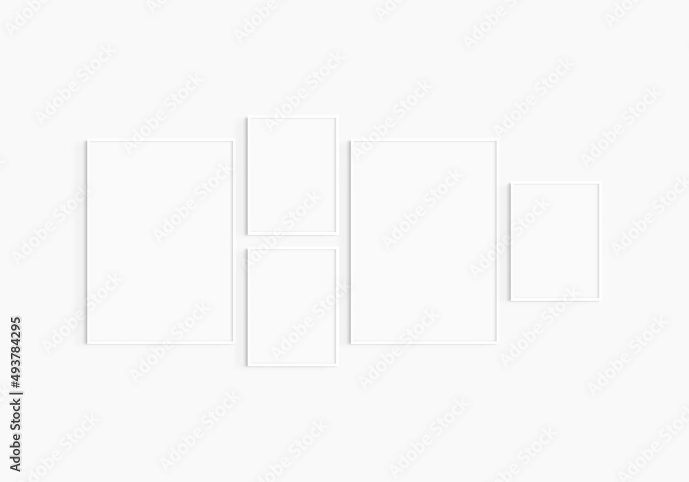 Gallery wall mockup. Set of 5 white frames. Gallery wall frame mockup. Two 50x70 (5:7) and three 30x40 (3:4) white frames. Gallery wall mockup. Set of 5 white frames. Gallery wall frame mockup. Two 50x70 (5:7) and three 30x40 (3:4) white frames.