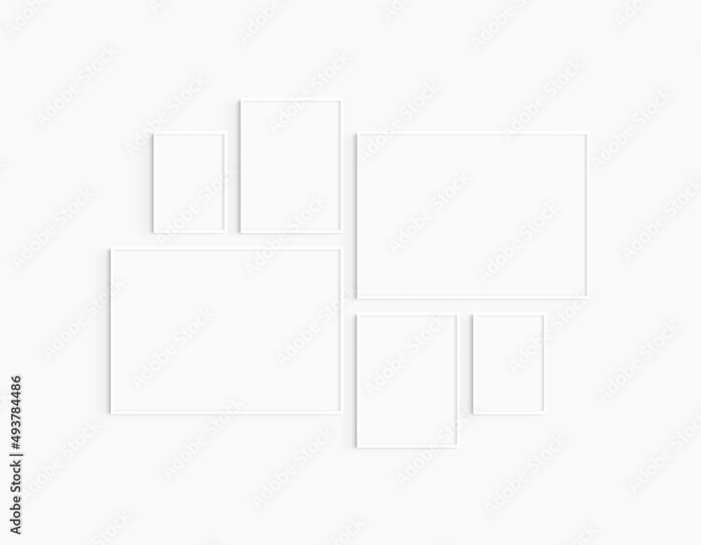 Gallery wall mockup. Set of 6 white frames. Gallery wall frame mockup. Two 70x50 (7:5), two 30x40 (3:4), and two A4 (5:7) white frames. Gallery wall mockup. Set of 6 white frames. Gallery wall frame mockup. Two 70x50 (7:5), two 30x40 (3:4), and two A4 (5:7) white frames.