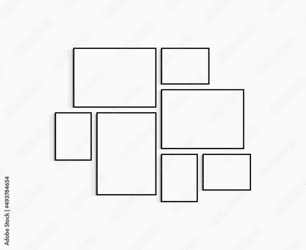 Gallery wall mockup. Set of 7 black frames. Gallery wall frame mockup. One 50x70 (5:7), two 70x50 (7:5), two 30x40 (3:4), and two 40x30 (4:3) black frames. Gallery wall mockup. Set of 7 black frames. Gallery wall frame mockup. One 50x70 (5:7), two 70x50 (7:5), two 30x40 (3:4), and two 40x30 (4:3) black frames.