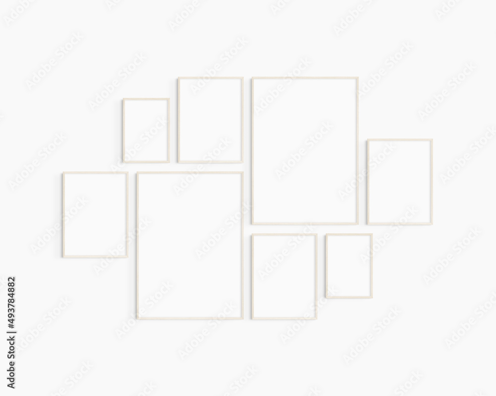 Gallery wall mockup. Set of 8 light wood frames. Gallery wall frame mockup. Two 50x70 (5:7), four 30x40 (3:4), and two A4 (5:7) wooden frames. Gallery wall mockup. Set of 8 light wood frames. Gallery wall frame mockup. Two 50x70 (5:7), four 30x40 (3:4), and two A4 (5:7) wooden frames.