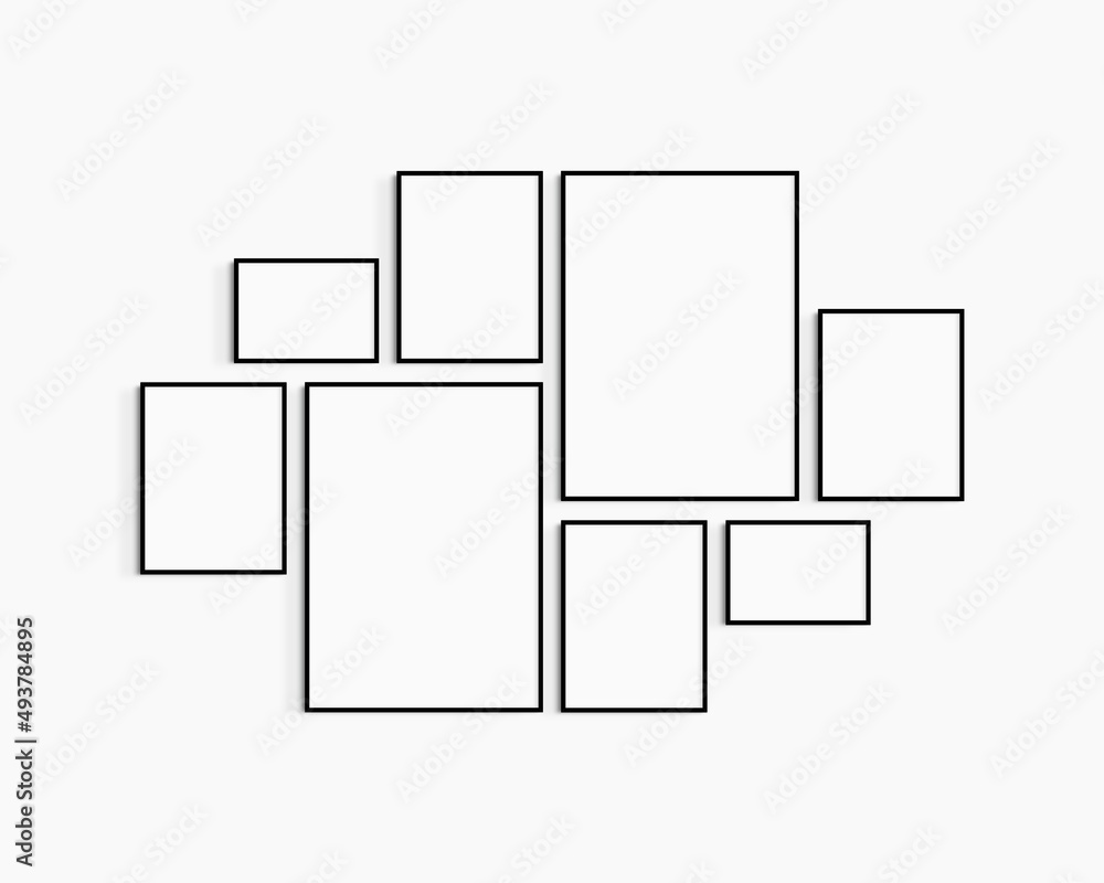 Gallery wall mockup. Set of 8 black frames. Gallery wall frame mockup. Two 50x70 (5:7), four 30x40 (3:4), and two A4 landscape (7:5) black frames. Gallery wall mockup. Set of 8 black frames. Gallery wall frame mockup. Two 50x70 (5:7), four 30x40 (3:4), and two A4 landscape (7:5) black frames.