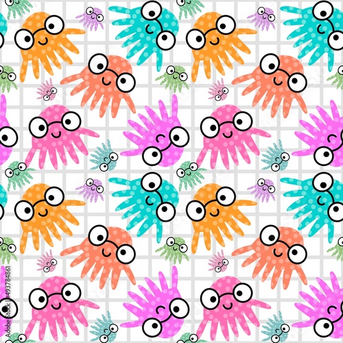 Kids seamless cartoon octopus pattern for fabrics and textiles and packaging and gifts and cards and linens