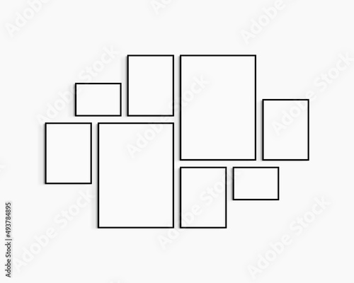 Gallery wall mockup. Set of 8 black frames. Gallery wall frame mockup. Two 50x70 (5:7), four 30x40 (3:4), and two A4 landscape (7:5) black frames.