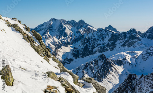 Winter Tatra Mountains. Among the visible peaks are, among others, Lomnica (Lomnicky stit, Lomnica Peak) and Lodowy Szczyt (Ladovy stit, Ice Peak), popular climbing and tourist destinations.