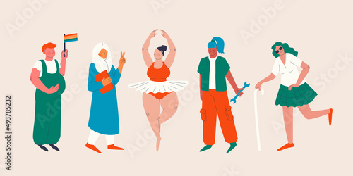 Women who have been discriminated against on the basis of gender, religion, sexual orientation. Pregnant lesbian, overweight ballerina, auto mechanic woman. Vector isolated characters in trend style.