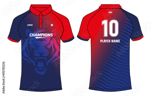 Sports jersey t shirt design concept vector template, Cricket jersey concept with front and back view for Delhi Capitals jersey concept