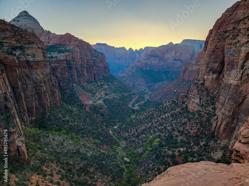 Canyon overlook trail during sunset at Zion National Park Utah