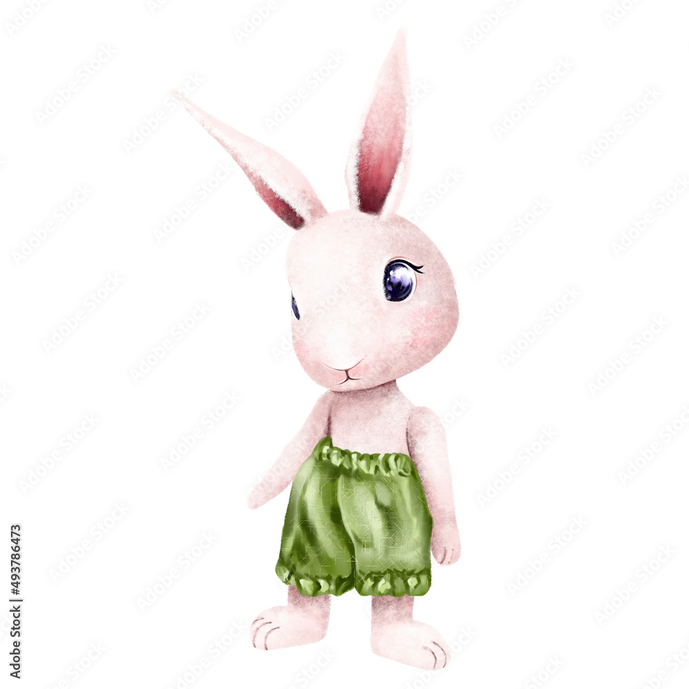 Watercolor set with a drawing of small rabbits. Kids illustration of a rabbit, a bunny, isolated on a white background. Design of a children's poster, poster, postcard, background Watercolor set with a drawing of small rabbits. Kids illustration of a rabbit, a bunny, isolated on a white background. Design of a children's poster, poster, postcard, background
