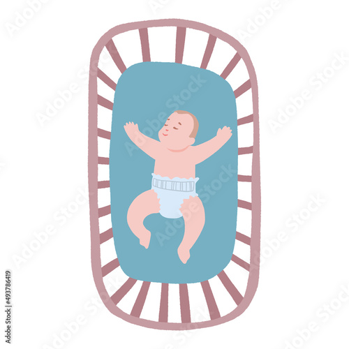 Cute little baby in crib. Infant in bed sleep peacefully. Healthy sleep at night.