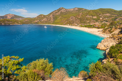 Beautiful view of Oludeniz beach on Mediterranean sea in Mugla region, Turkey. Summer holiday travel destination