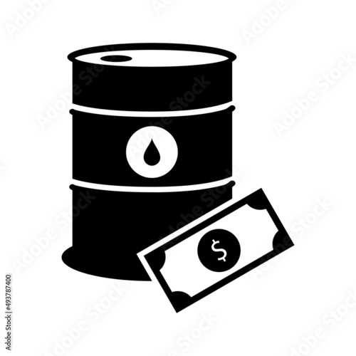 Oil price icon. Vector illustration of oil drum with dollar symbol isolated on white background. Financial crisis on oil market. Fossil fuel concept. Black and white container.