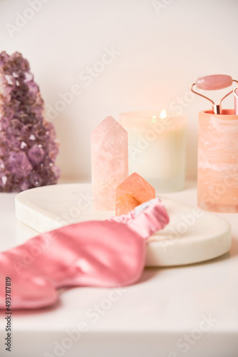 Face roller and guasha massager. Face skin care and anti age products. Chinese Gua Sha massage tools from rose quartz.