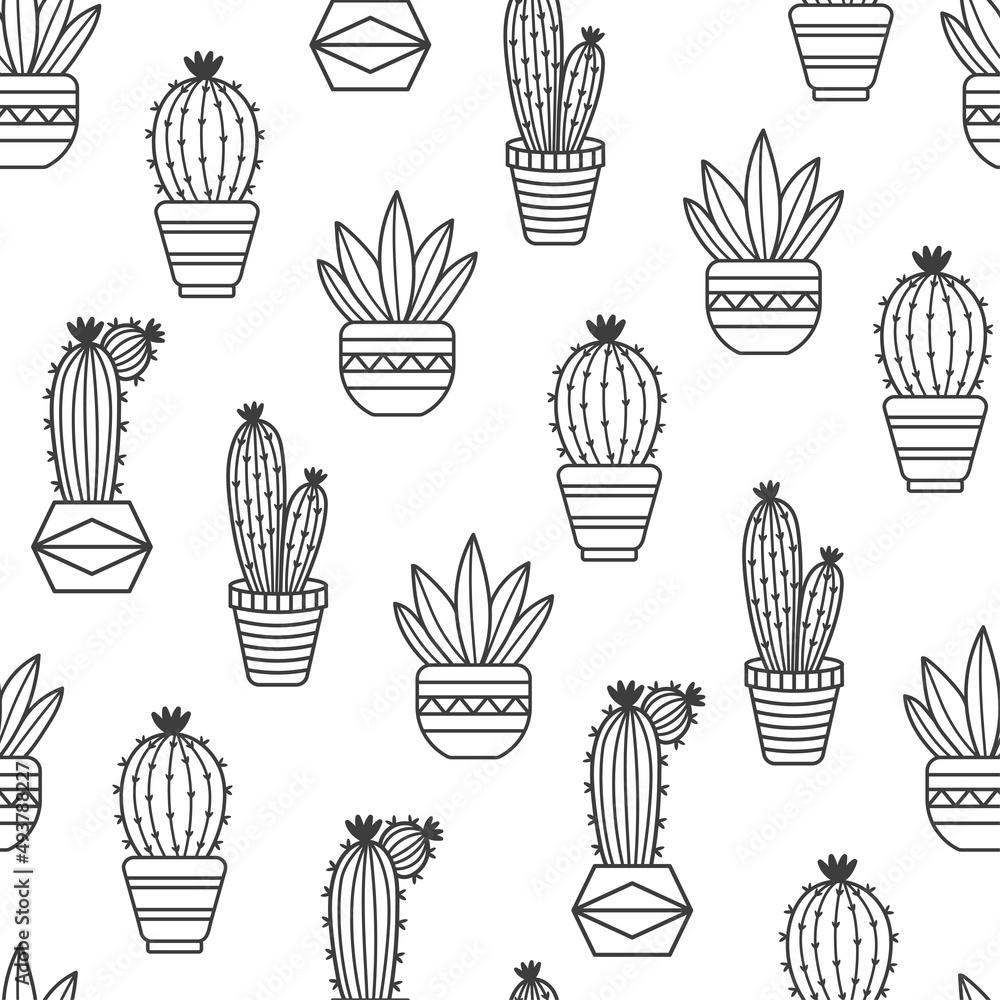 Seamless pattern with potted cactus. Houseplant in potted. Succulent vector pattern. Isolated cactus on white background. Houseplant in pot seamless pattern. Exotic design for fabric, paper, cover.