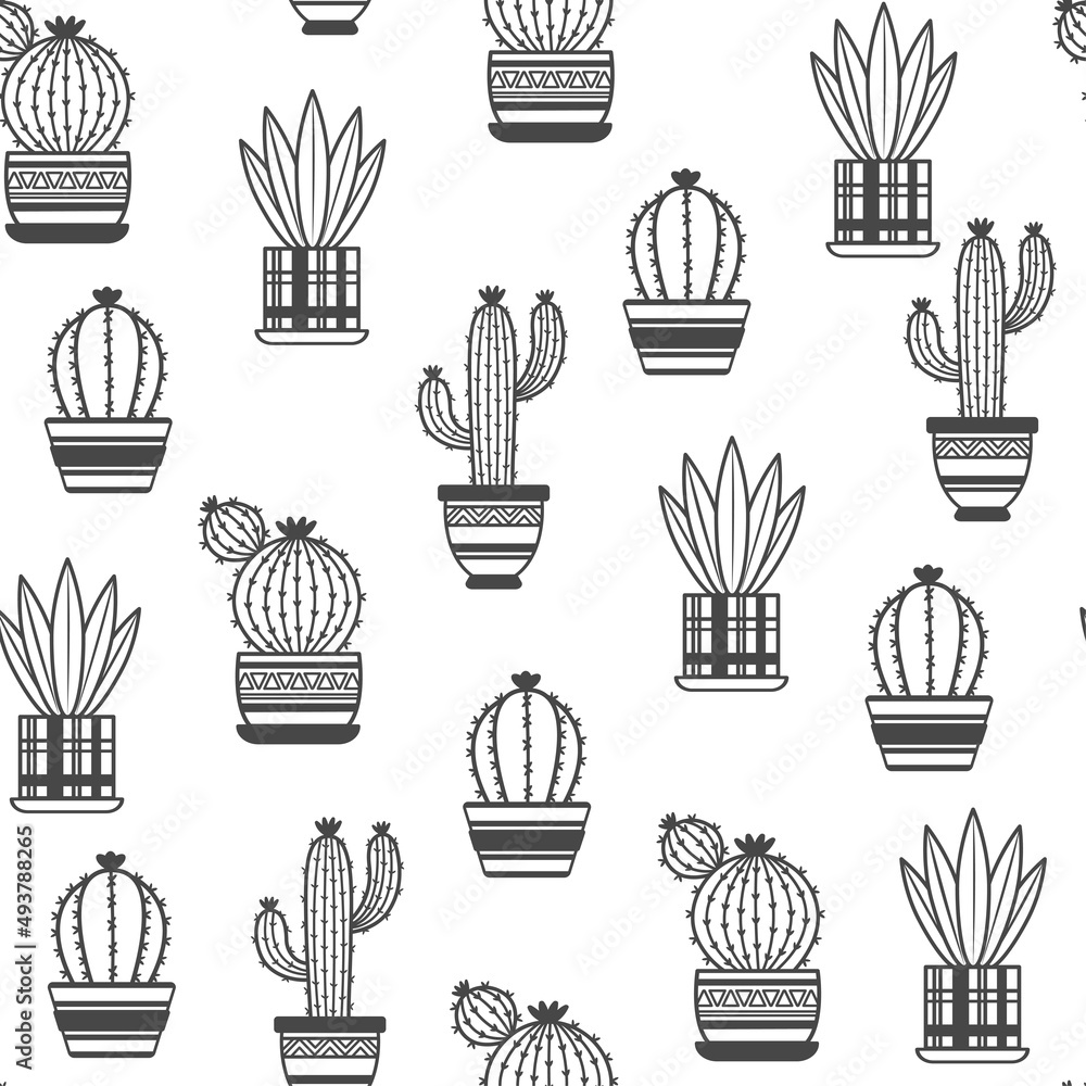 Seamless pattern with potted cactus, houseplants. Houseplant in potted. Succulent vector pattern. Isolated cactus on white background. Exotic design for fabric, paper, cover, interior decor.