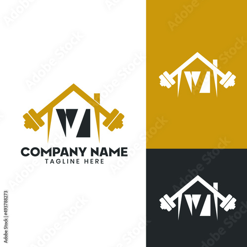 Home GYM initial letter V Vector barbell Logo Template