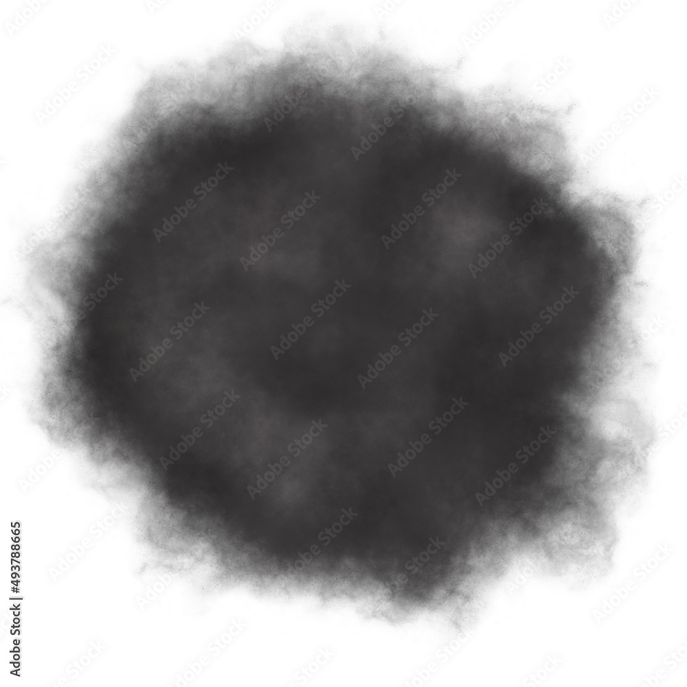 Cloudy black smoke on white background. Square composition.