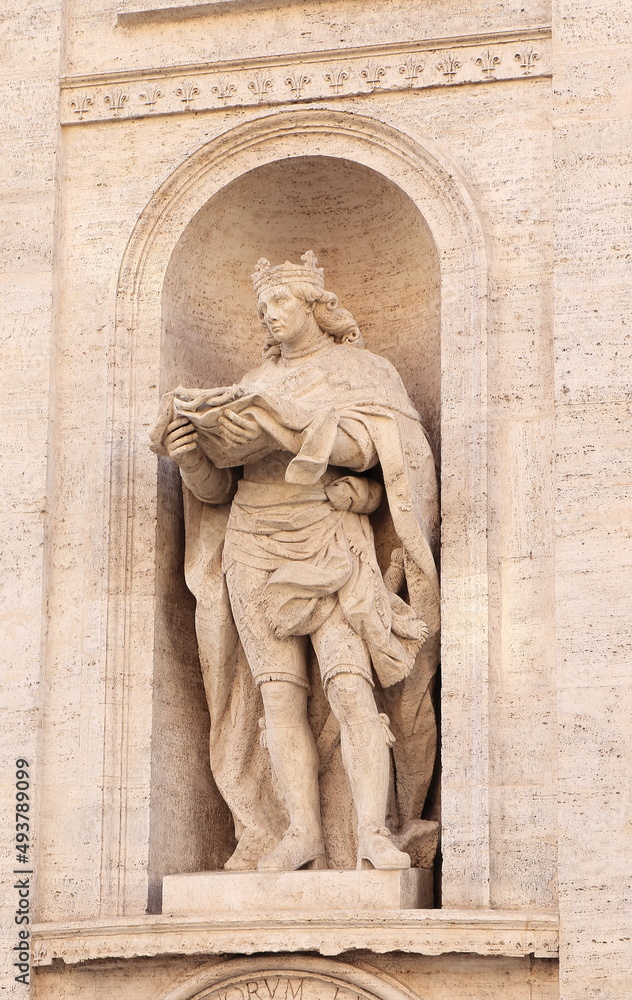 San Luigi dei Francesi Church Exterior Detail with Statue of King St Louis in Rome, Italy