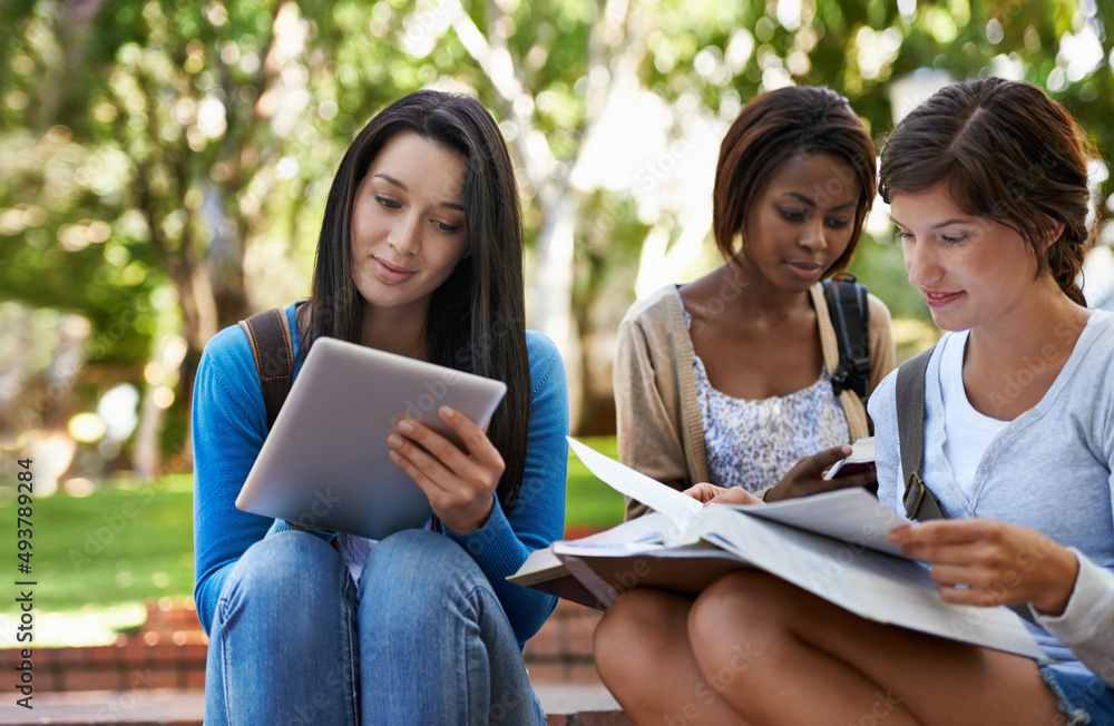 Fototapeta premium Technology makes it easier to study. Shot of a diverse group of college students sitting together outside doing online research.