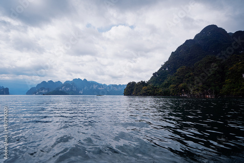 Beautiful landscape with lake, mountains and natural attractions on Cheow Lan Lake at Khao Sok National Park, Surat Thani Province, Thailand.