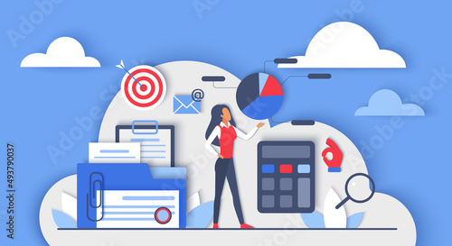 Business audit and financial research. Auditor doing systematic control of expenses, estimate of budget, corporate documents, accounting process flat vector illustration. Finance, calculation concept photo